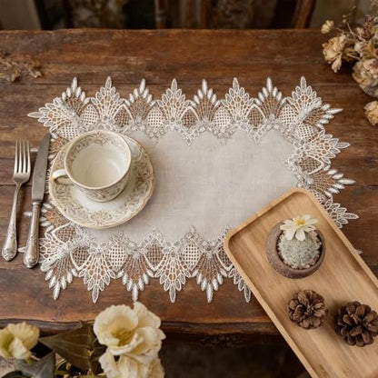 2 Pcs Lace Doily, 12"*18" Rectangle Neutral Earth Tones Beige Lace Coffee Table Topper Linen Style Tablecloth Placemats with Embroidery Edge for Dining Room - size: 12*18"