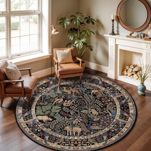 6ft Round Rug Circular Animal Print Area Rug Low Pile Indoor Rug - color: Black/Multi, size: 6' (Round)