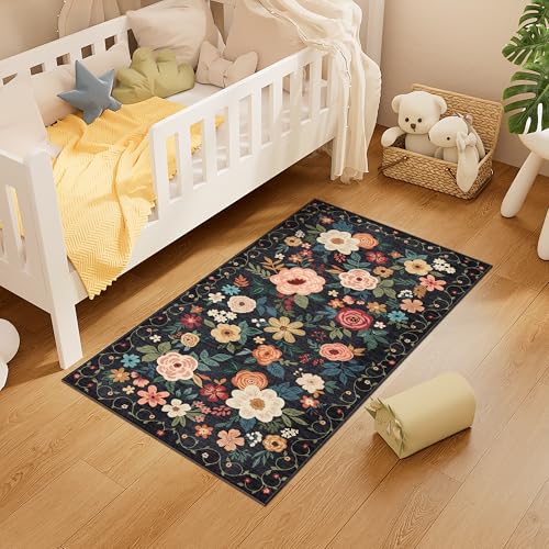 DUKINO 2x4 Entryway Rug, Floral Washable Kitchen Rugs Non Slip, Black - color: Black, size: 2' x 4' (Rectangular)