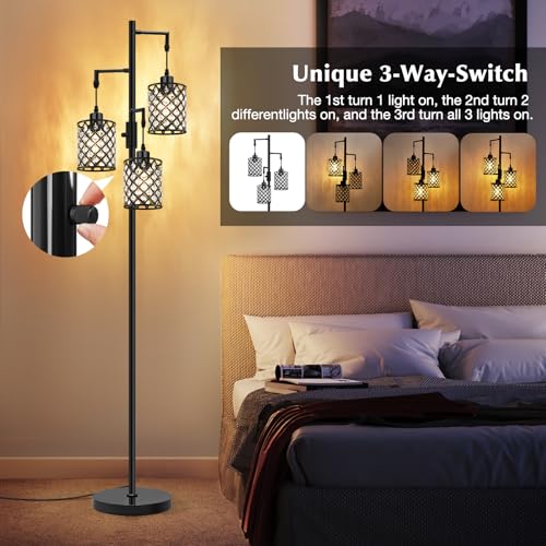GyroVu Crystal Floor Lamps for Living Room, 3-Light Black Floor Lamp, Standing Tall Lamp with Elegant K9 Crystal Shade & Rotary Switch, Modern Corner Floor Lamp for Bedroom, Home Office, Reading - color: Black-3 Lights