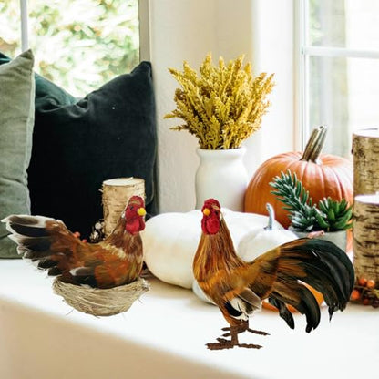 naturevibe 8.8 Inches Feathered Rooster Decor and Hen as Fall Decorations - style: Rooster and Hen