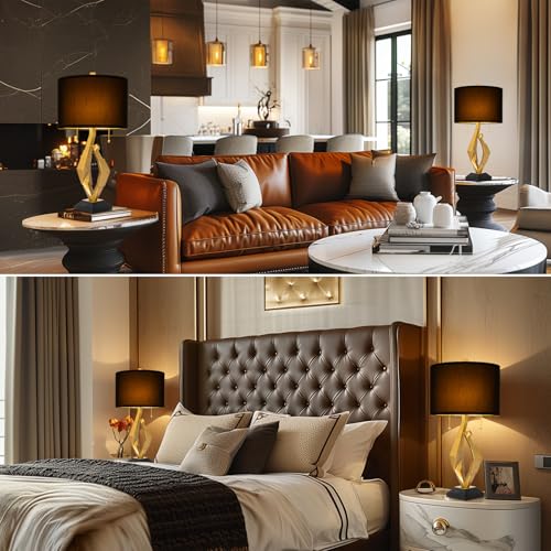 Scenekoy Gold Leaf Finish Table Lamp Set of 2 with USB Ports for Bedroom - size: 26 inches Gold Leaf -029