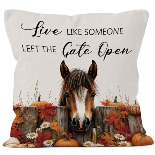 Fall Horse Daisy Floral Pumpkin Leaves Throw Pillow Covers 18x18 - color: Horse-02