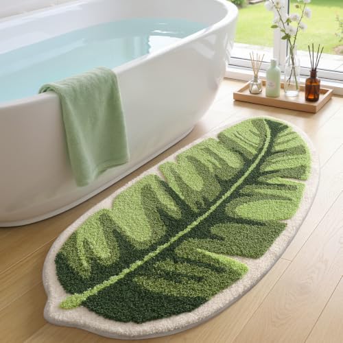 LUMI Cute Bathroom Rug Green Leaf, Absorbent Non Slip Bath Mat, 19.5"x39.5" - color: Ample Palm Leaf
