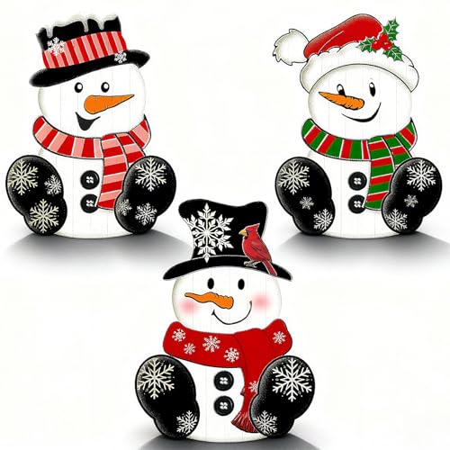 3 Pcs Snowman Christmas Decor Winter Wooden Table Decorations, Christmas Indoor Decor Rustic Snowman Block Sign for Xmas Holiday Tiered Tray Mantle Home Office Room - color: Snowman