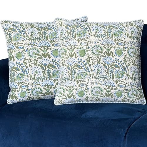 ATOSII Cotton Blockprint Throw Pillow Cover, Clover Blue, Set of 2, 24 x 24 - color: Clover Blue, size: 24" x 24" (Pack of 2)