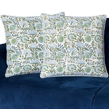 ATOSII Cotton Blockprint Throw Pillow Cover, Clover Blue, Set of 2, 18 X 18 - color: Clover Blue, size: 18" x 18" (Pack of 2)