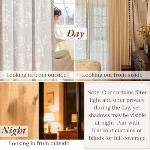WUBODTI White Lace Semi Sheer Curtains Living Room 72 Inch Length 2 Panels - color: White Leaf, size: 52"W x 72"L (Pack of 2)