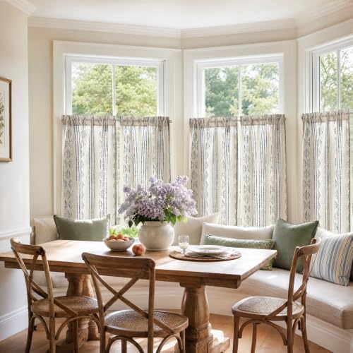 jinchan Linen Striped Tier Curtains for Kitchen Windows Blue Beige 26 x 24 - color: Boho Blue | on Beige, size: 26"W x 24"L (Pack of 2)