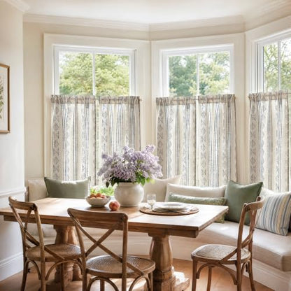 jinchan Linen Striped Tier Curtains for Kitchen Windows Blue Beige 26 x 24 - color: Boho Blue | on Beige, size: 26"W x 24"L (Pack of 2)