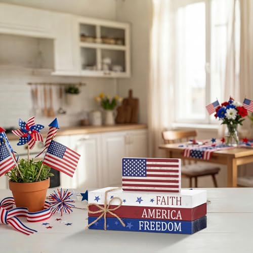 Smile Patriotic Wooden Block Stack with American Flag Decor, 4-Piece "Faith America Freedom" Tiered Tray Tabletop Sign for 4th of July & Memorial Day - style: Flag