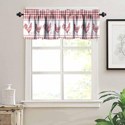 Farmhouse Rooster Kitchen Valance Curtains, Rustic Red White Buffalo Check Stripe Boho Window Treatment Valances for Dining Room Living Room 1 Panel, 54x18Inch - color: Chicken-3