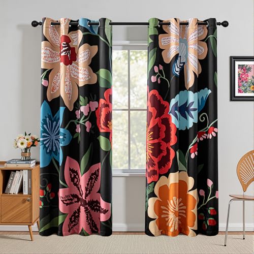 MYSKY HOME Black Boho Floral Blackout Curtains 84 inch Length 2 Panels Set for Living Room Thermal Insulated Privacy Protect Black Out Flower Patterned Grommet Drape for Bedroom Dining Room, 52" x 84" - color: Z-black Boho Floral, size: 52"W x 84"L (Pack