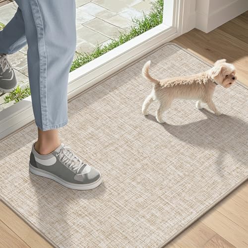 LEKEEPGO Ultra Thin Indoor Door Mat 17"x29", Non Slip Door Mat, Khaki | Low-Profile, Rubber Backing, Absorbent Door Mat Indoor Entrance, Washable Welcome Doormats Dirt Trapper Entry Front Floor Mat - color: Khaki, size: 1'5" X 2'5" (Rectangular)