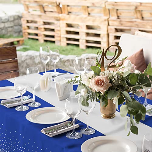 8Pack Disposable Plastic Tablecloths and Satin Table Runner Set Blue and Silver Dot Tablecloth Silver Satin Table Runner for Wedding Birthday Baby Shower Anniversary Christmas New Year Party Supplies - color: Blue and Silver, size: 8 Pack