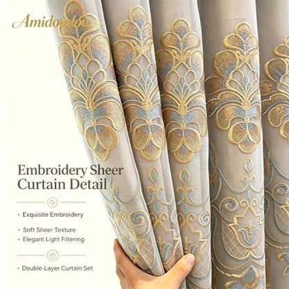 Amidoudou 1 Pair European Curtains with Valance Attached Double Layer Curtains for Living Room Bedroom (Grey,51x96 Inch) - color: Grey, size: 51"W x 96"L (Pack of 2)
