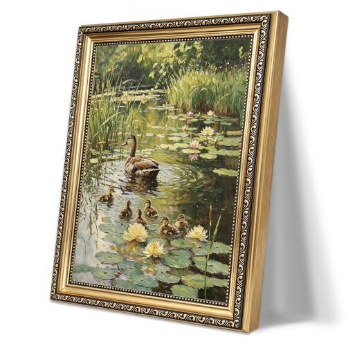 Vintage Country Cottage Duck Pond Framed Wall Art Cute Duckling Wildlife Canvas Print Impressionist Nature Landscape Oil Painting Rustic Farmhouse for Living Room Bedroom Kitchen Home Office Gallery Wall Decor Gift for Art Lovers Friends New Homeowners -