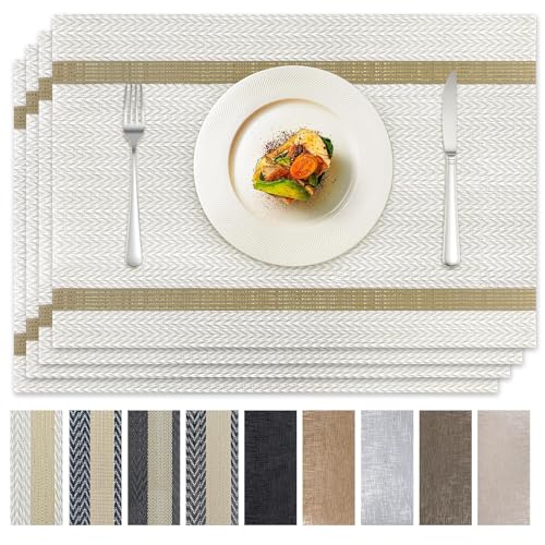 COOLMI Beige Placemats Set of 4, Washable Woven PVC Table Mats, Heat Resistant Non-Slip Place Mats for Dining Table, Flat Pack No Curled Edges, Indoor Outdoor, 17 x 12 Inch - color: Beige