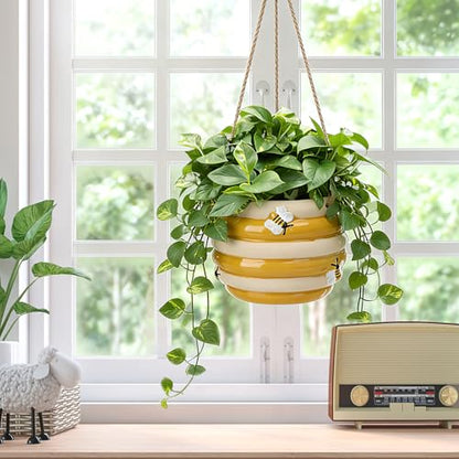 Hanging Ceramic Planter 5 Inch Cute Bee Plant Pots - color: Yellow