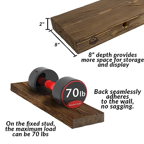 Floating Shelves 60 inch Long 8 "deep Set of 2, Heavy Duty Wood Wall Mounted Shelves for Bathroom Living Room Kitchen,Book Shelves with Thickened Hidden Bracket-Distressed Walnut - color: Distressed Black Walnut, size: 60'' x 8''x 2''(set of 2）