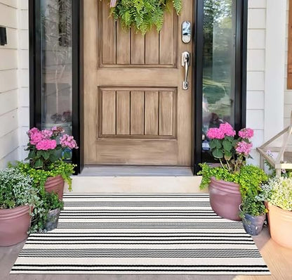 Black and White Striped Doormat 24"x35"Cotton Washable Fall Layering Rug - color: White Striped, size: 2' x 3' (Rectangular)