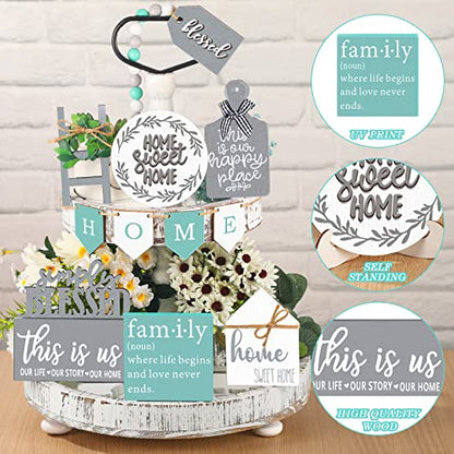 FairySandy 11 Pcs Home Tiered Tray Decor Minimalist Rustic Wooden Signs - style: Minimalist