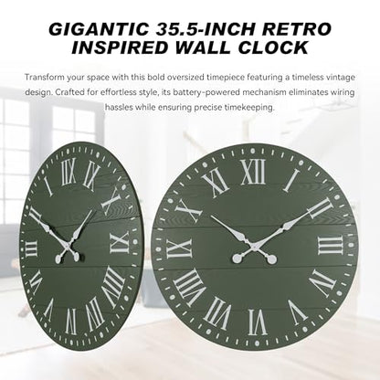 Large Wall Clock with Roman Numeral, 35.5” Shiplap Farmhouse Hanging Clock - color: Green, size: 35.5 Inch