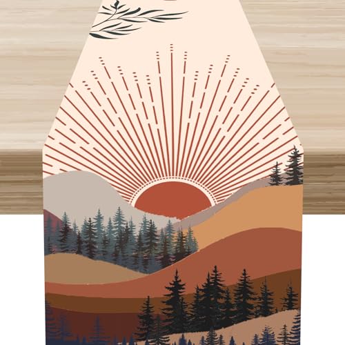 Boho Forest Table Runner, Mid Century Modern Aesthetic Mountains Sunset Nature Tropical Palm Leaves Abstract Art Table Center Decor for Family Kitchen Table Decorations Indoor Outdoor 13x36 inch - color: Boho Leaf-5, size: 13x36" Table Runner