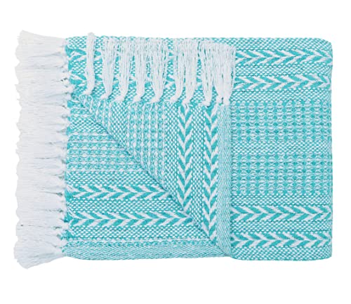 Cotton Throw Blankets - Set of Two - 50"x60" - Turquoise & Striped with Fringe - Rustic Ottoman & Batik Chair Blanket - Picnic Throw - color: Turquoise