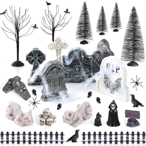 YLOLUL 48 Pcs Fluorescent Halloween Village Accessories Miniature All Saints' Day Figurines Glow in The Dark Mini Tombstones Skeleton Tiny Trees for Halloween Town Decorations Party Table Decor - color: Fluorescent