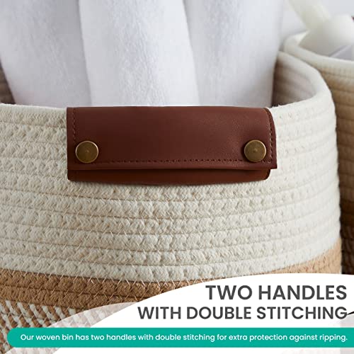 3 Pack Woven Cotton Rope Storage Basket, 15x10x9, White/Brown - color: White/Brown