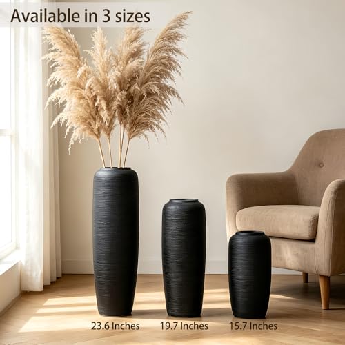 Black Rustic Ceramic Floor Vase, 15.7 Inch, Ribbed Texture - size: 15.7 Inch