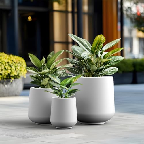 Kante Round Concrete Planter Set of 3-9.4"/13"/16.5" Dia Barrel-Style Garden Pots with Drainage Hole for Flowers and Trees (7.1"/10.2"/13.8" Opening), White - color: White, size: 16.5"+13"+9.4" D