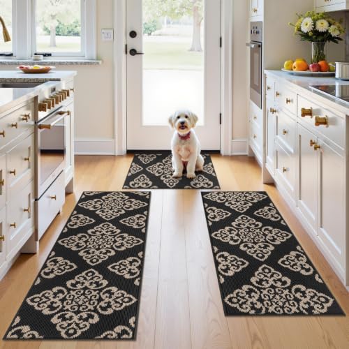 U'Artlines 3-Piece Kitchen Rug Set Damask Medallion Floor Mats - color: Damask Black
