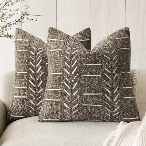 Foindtower Set of 2 Decorative Chenille Jacquard Throw Pillow Covers Textured Farmhouse Vintage Cushion Cover Modern Coastal Boho Home Decor For Sofa Chair Couch Bed Living Room,18×18 Inch,Cocoa Brown - color: Cocoa Brown, size: 18" x 18" (Pack of 2)