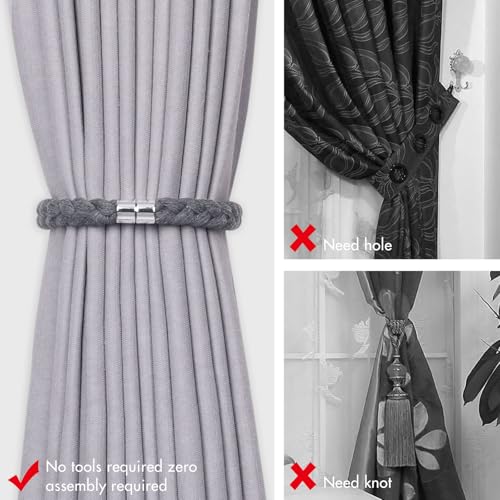 NICEEC 2 Pack Natural Cotton Rope Magnetic Curtain Tiebacks Elegant Twisted Braid Style Drape Tie Backs Soft Hand-Woven Rope Curtain Holdbacks for Home & Office Window Draperies (Dark Grey-01) - color: Dark Grey-01, size: 2 Pack