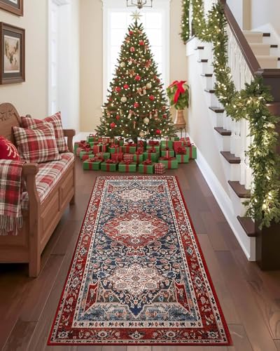 YJ.GWL Area Rug 2x7, Machine Washable Hallway Runner Rug, Boho Floral Vintage Distress Print Pattern Carpet, Low Pile Lightweight Thin Rugs for Entryway, Kitchen and Corridor, Red - color: Red, size: 2' x 7' (Rectangular)