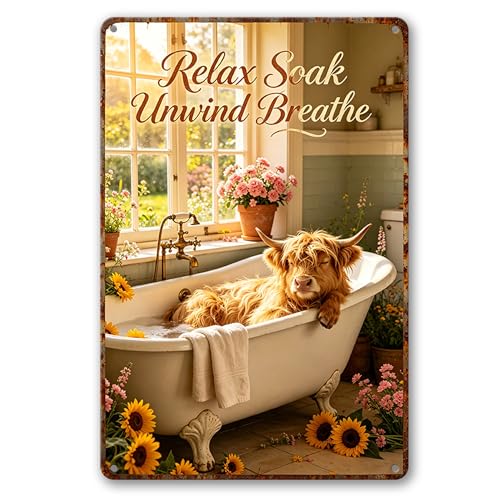 Highland Cow Bathroom Metal Tin Sign, Farmhouse Bathroom Wall Art, Home Decor Indoor Outdoor Gift 8×12 In - color: M2030-Cow1-10