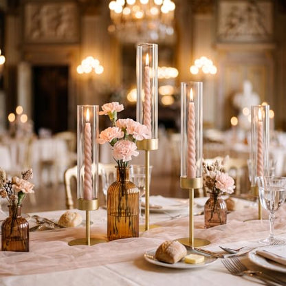 Hurricane Glass Candle Holders Set of 3 Gold Metal Taper Candlesticks