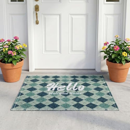 Green Plaid Washable Door Mat 20x30 Inch - color: Green Diamond Pattern