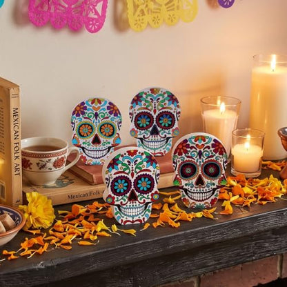 DECSPAS Day of the Dead Decor, 4 PCs Wood Block Sugar Skulls Dia De Los Muertos Decorations, Wooden Skeleton Tiered Tray Decor for Altar, Ofrenda, Home, Table, Mantle, Mexican Fiesta - style: Day of the Dead - Skulls