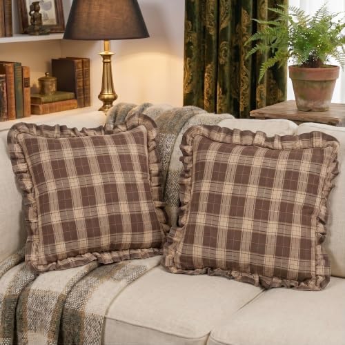 Chocolate Dark Brown Tartan Plaid Fall Cute Throw Pillow Covers 18x18 - color: Chocolate Ruffled Plaid Throw Pillow Covers, size: 18" x 18" (Pack of 2)