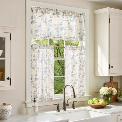 jinchan Blue Linen Floral Kitchen Tier Curtains and Valance Set 3 Pieces - color: Alisa | Blue on Linen, size: 26"W x 36"L (Pack of 3)