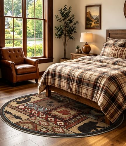 YIHOUSE 세탁 가능한 러스틱 캐빈 라운드 러그, 1.2m(4피트) - color: 브라운., size: 4' (Round)