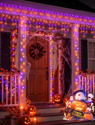 Halloween Icicle Lights Outdoor,300 LED Purple and Orange Lights - color: Orange Purple
