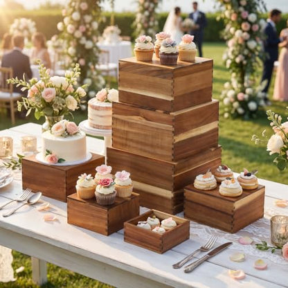 Maxdot 8 Pcs Acacia Wood Risers Buffet, Wood Display Stand 4.7 to 11 Inch Square Dessert Table Set for Buffet Table Stackable Wooden Crates for Birthday Wedding Home Decor