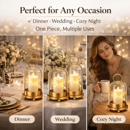 Glass Candle Lantern Brass Hurricane Candle Holders Set for Pillar Candles, Tabletop & Hanging Decor for Living Room, Dining Table, Patio & Events
