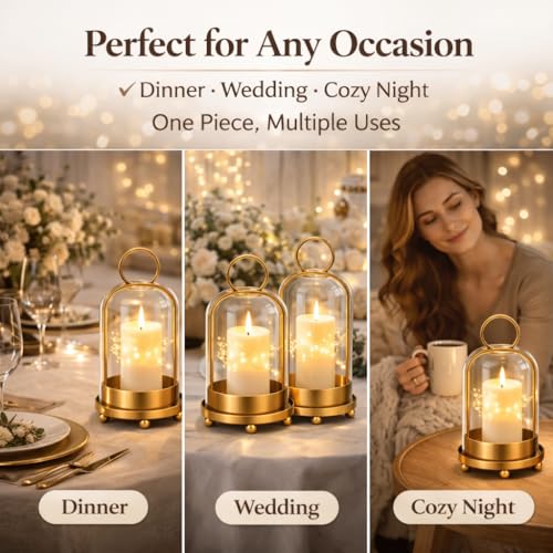 Glass Candle Lantern Brass Hurricane Candle Holders Set for Pillar Candles, Tabletop & Hanging Decor for Living Room, Dining Table, Patio & Events
