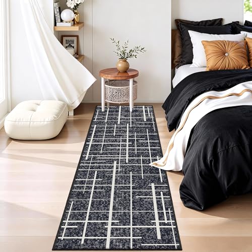 Non Slip Hallway Runner Rug 2x8,Modern Distressed Stripe, Washable Long Rug, Woven Thin Low Pile Carpet Runners for Hallway 10ft Entryway, Kitchen, Walkway- Midnight Black - color: Striped-black/White, size: 2' x 8' (Runner)