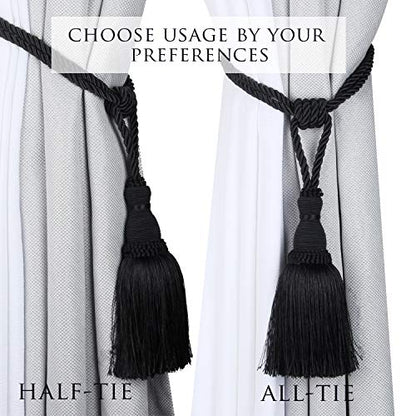 BEL AVENIR 2 Pack Curtain Tiebacks Tassel Drapery Tie-Backs Rope Holdbacks - color: Black, size: 2 Pack